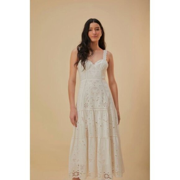 FARM Rio Midi Dress XL White Richelieu Bustier Corset Eyelet Resort Bridal - Picture 3 of 16